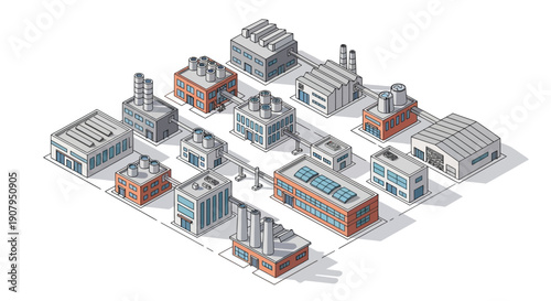 Isometric illustration of a collection of industrial factories and buildings with solar panels on roofs, representing renewable energy in manufacturing