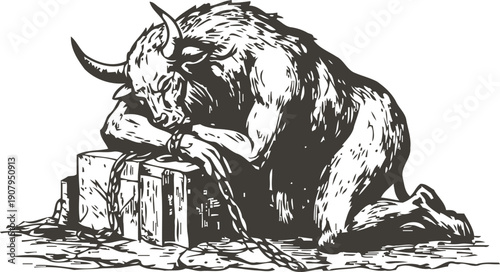 Depressed mythological minotaur chained to stone blocks, sad creature in sorrow and captivity