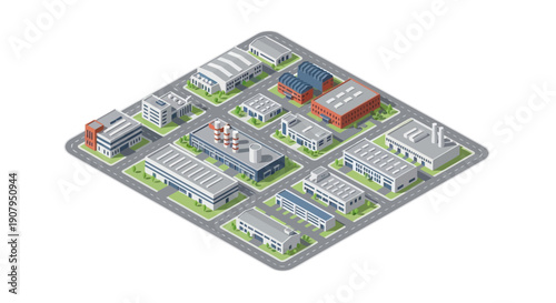 isometric view of an industrial area with multiple buildings and roads on a white background