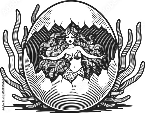 Mermaid hatching from cracked egg surrounded by seaweed, fantasy mythical creature drawing