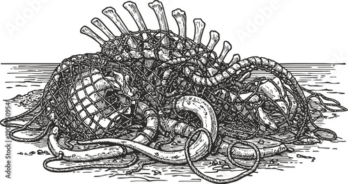 fishing net with sea creatures and shellfish on the shore marine life trapped in coastal fishing gear