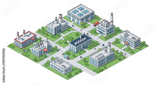 Isometric industrial complex with multiple factories and roads, creating a cityscape overview for business and urban planning