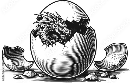 Black and white dragon hatching from cracked egg with broken shell pieces detailed engraving illustration