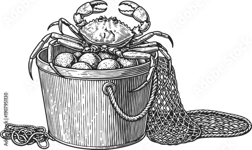 Crab on bucket full of fish eggs next to fishing net and rope detailed vintage engraving