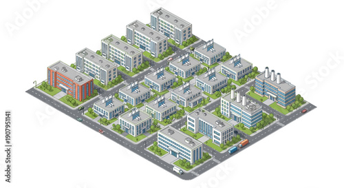 Isometric View of a Modern Business Park with Buildings, Roads, and Vehicles