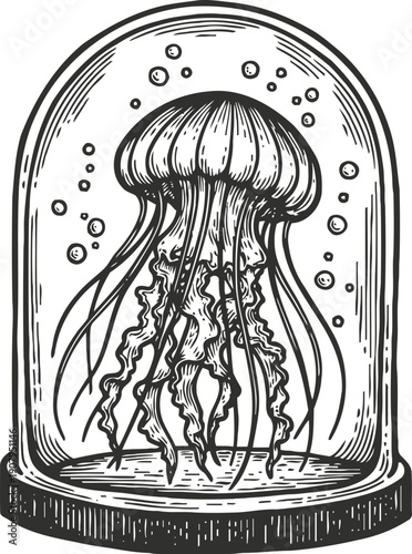 Detailed jellyfish illustration enclosed in a protective glass dome with bubbles underwater