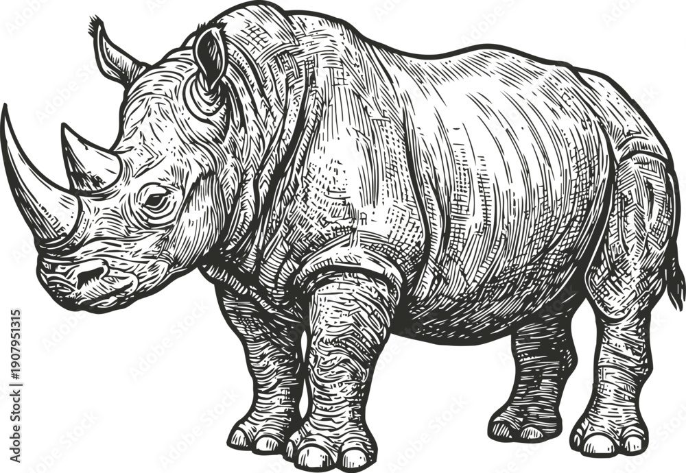 Fototapeta premium Hand drawn rhinoceros illustration with detailed line art and texture shading
