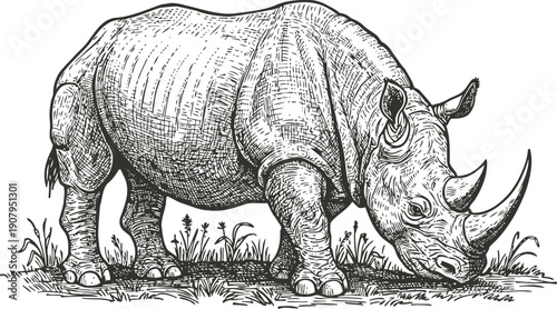 Hand drawn rhinoceros grazing, detailed vintage wildlife illustration