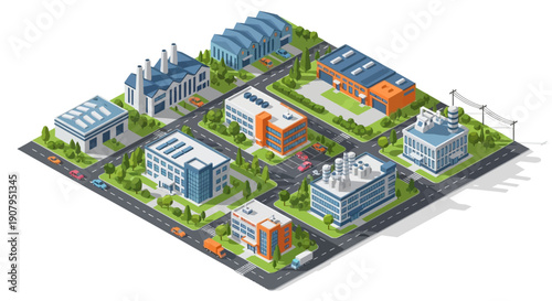 An aerial isometric view of a modern industrial park featuring various commercial buildings, offices, and warehouses with roads and trees
