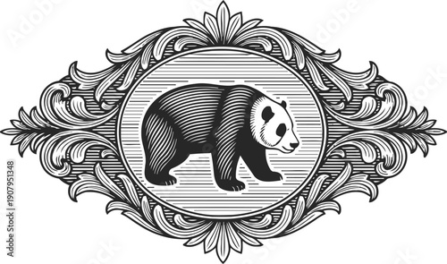 Vintage ornate frame with detailed panda bear illustration in black and white engraving