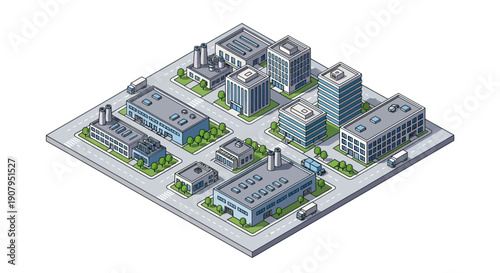 Isometric urban cityscape featuring industrial buildings, offices, and streets, conveying a sense of a bustling business district
