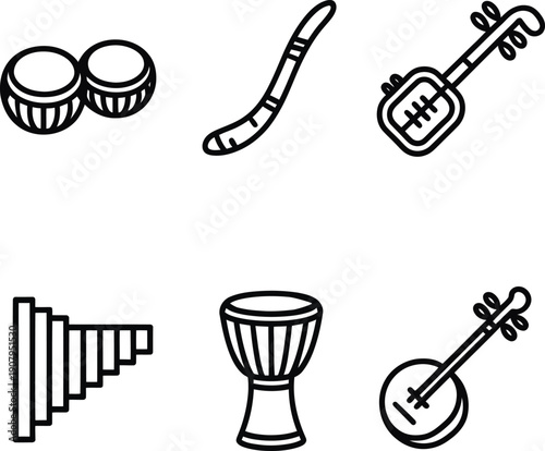 Black and white line of various musical instruments
