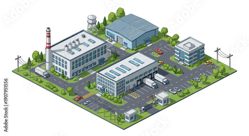 Industrial zone with factories, warehouses, and office buildings in a business park setting, showcasing urban development and manufacturing infrastructure