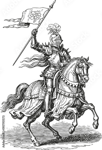 Medieval knight in armor on rearing horse holding flag with emblem, historic warrior illustration