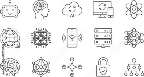 Artificial intelligence and data science line icons set, robot, brain, server, cloud network, machine learning vector symbols