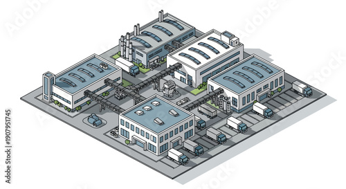 Isometric illustration depicting a modern industrial complex with manufacturing facilities, logistics, and delivery vehicles