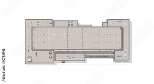 Top-down view of a modern industrial building, featuring a rectangular structure with multiple loading docks and a large roof area