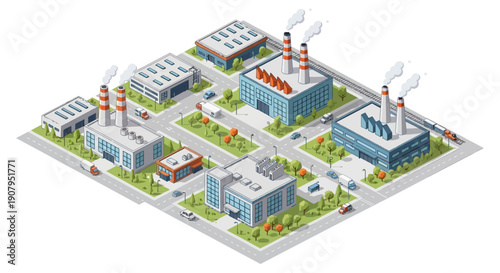 Isometric view of a modern industrial complex with factories, warehouses, and office buildings
