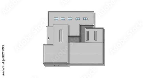 Top-down architectural illustration of a modern industrial warehouse building with a flat roof and multiple large bay doors