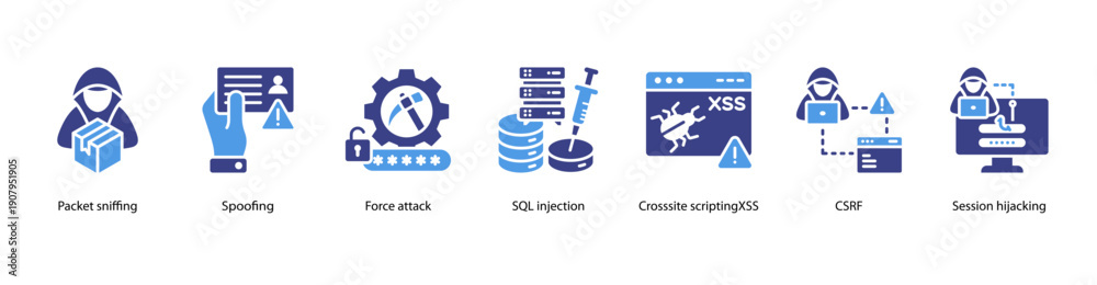 Fotografie Cyber Attack Methods web banner illustration featuring Packet sniffing, Spoofing, Force attack, SQL injection, Cross-site scripting(XSS), CSRF, and Session hijacking