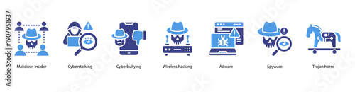 Insider Cybersecurity Risks web banner illustration featuring Malicious insider, Cyberstalking, Cyberbullying, Wireless hacking, Adware, Spyware, and Trojan horse.