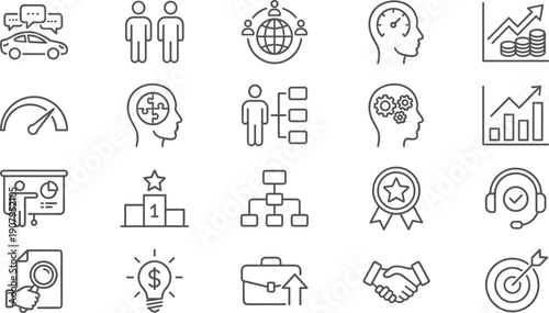 Business management and strategy line icons set, financial growth, leadership, teamwork, success, performance vector elements for interface