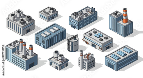 Isometric industrial buildings and factories, a collection of detailed 3D illustrations
