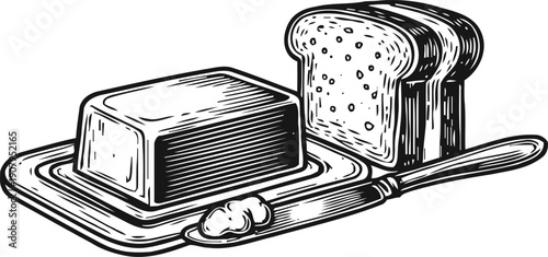 Butter stick with knife and sliced bread on plate black and white vintage sketch