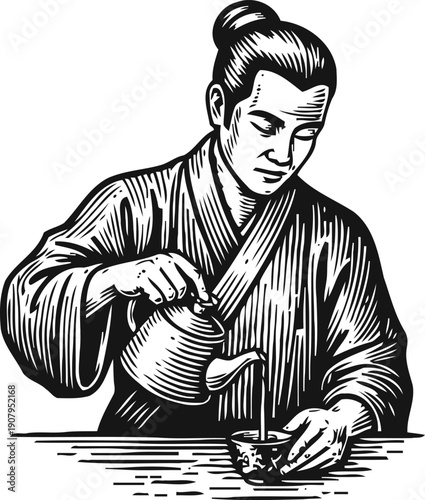 Traditional japanese tea ceremony master pouring hot water into a tea cup in kimono