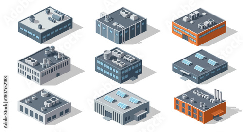 Set of isometric industrial buildings and factories, representing manufacturing and production facilities