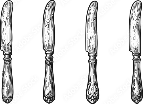 vintage butter knives set hand drawn antique cutlery with decorative handles, classic kitchen utensils collection