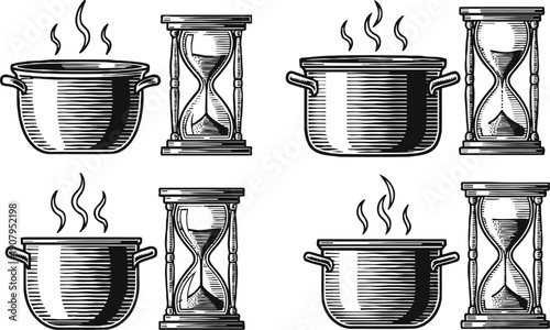 Vintage steaming cooking pots paired with classic hourglasses symbolizing time and patience