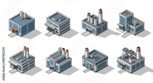 Isometric factory and industrial building illustrations for urban planning and business concepts