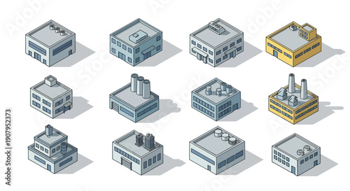 Isometric building icons collection representing factories, warehouses, and industrial structures