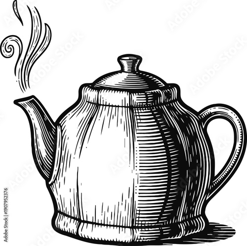 vintage teapot illustration with steam rising from spout classic kettle design, hand drawn