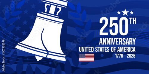 250th Anniversary United States of America with liberty bell and flag, banner, poster, vector illustration