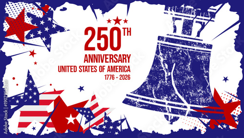 250th Anniversary United States of America with liberty bell and flag, banner, poster, vector illustration