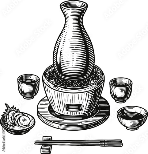Traditional japanese sake set with ceramic bottle, cups, warm stove, chopsticks, and sliced fruit