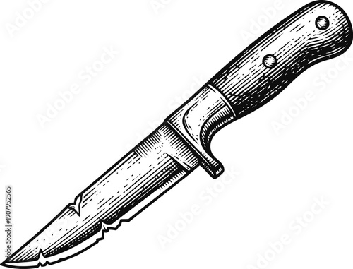 Vintage hunting knife with wooden handle and serrated blade detailed engraving illustration