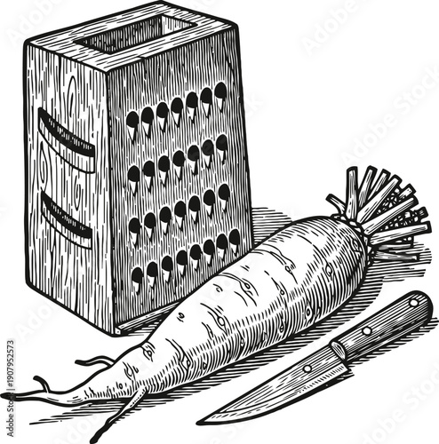 Hand drawn illustration of a carrot, knife, and box grater on a white background