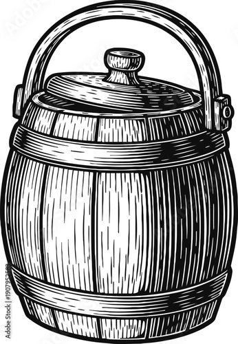 Wooden barrel with lid and handle vintage hand drawn container for storage or liquids in rustic