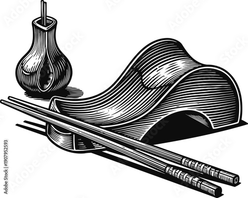 Japanese traditional sushi serving set with chopsticks and soy sauce bottle in vintage