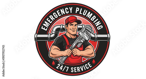 Emergency Plumbing 247 Service Logo with Plumber and Wrench.