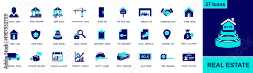 Real estate icon set. Containing agent, bank, loan, key, for sale sign, handshake, home, inspection, lease, location pin, sold, moving truck and more. Solid fill vector icons collection