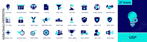 USP icon set. Containing idea, award, premium, filter, goal, handshake, checklist, lock, medal, rank, rocket, shield, target, trophy, delivery and more. Solid fill vector icons collection