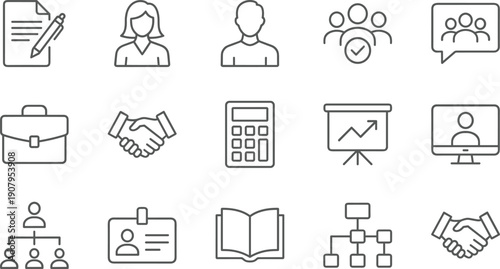 Business and human resources line icons set, office management symbols, teamwork, contract signing, calculator, vector elements for interface