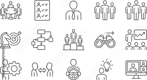 Business management and leadership line icons set, teamwork strategy, human resources, meeting, vision vector symbols for corporate design