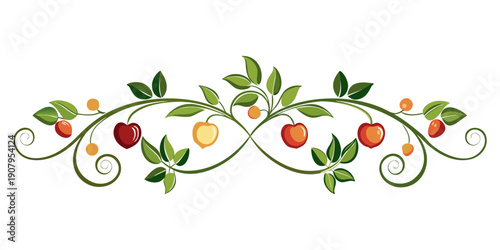 A decorative border featuring an assortment of colorful fruits and lush greenery