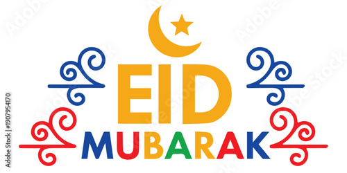 Eid mubarak greeting with colorful design and crescent moon
