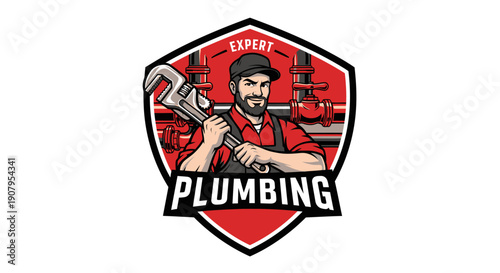 Expert Plumbing Service Logo with Plumber Holding Wrench.